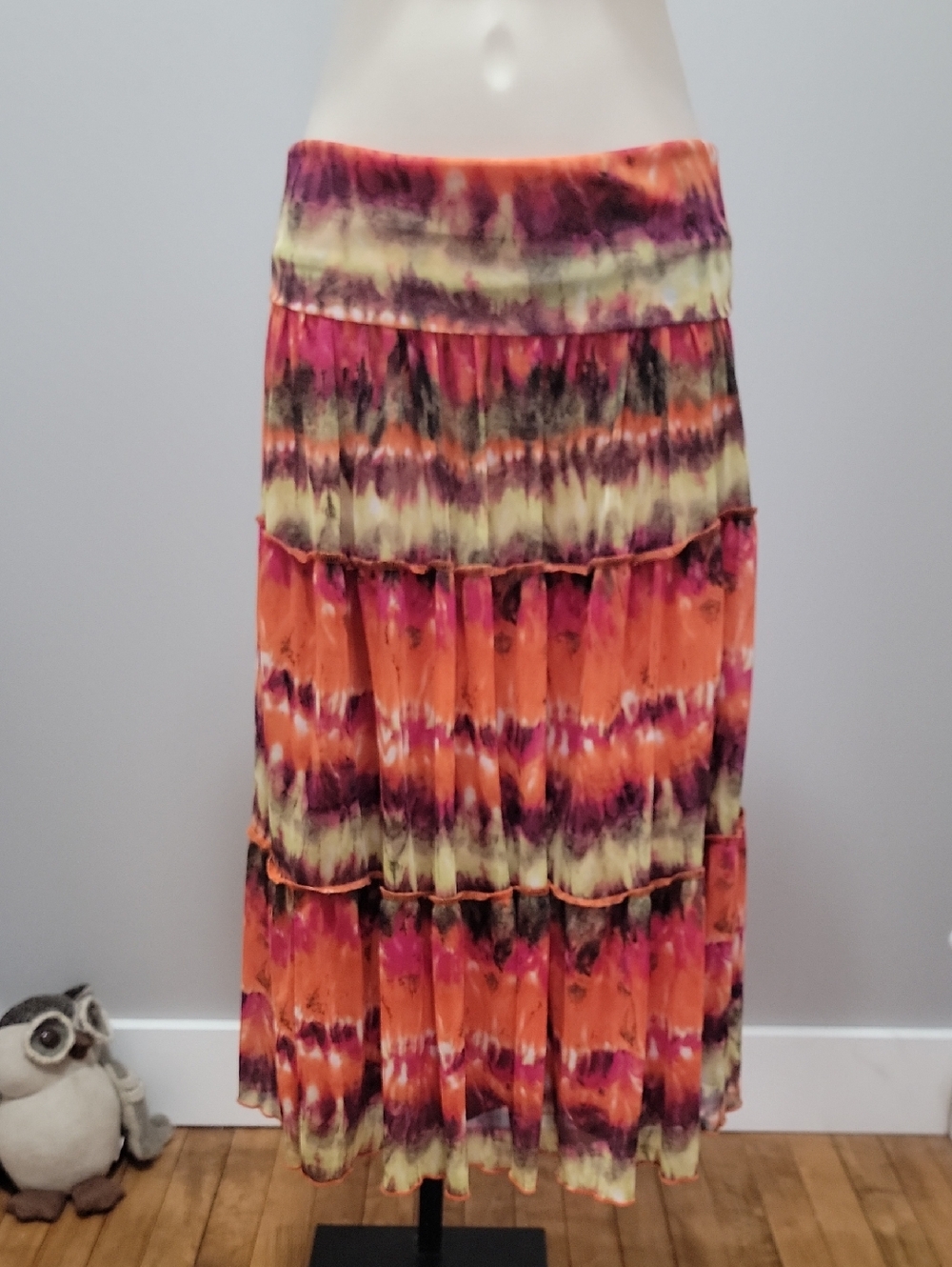 Iz Byer Orange and Green Tie-Dye Tiered Midi Skirt Sz S
